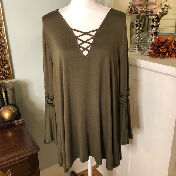 Fringe Benefits Tops - Olive Green Lace Up Bell Sleeve Plus Size 2X Shirt